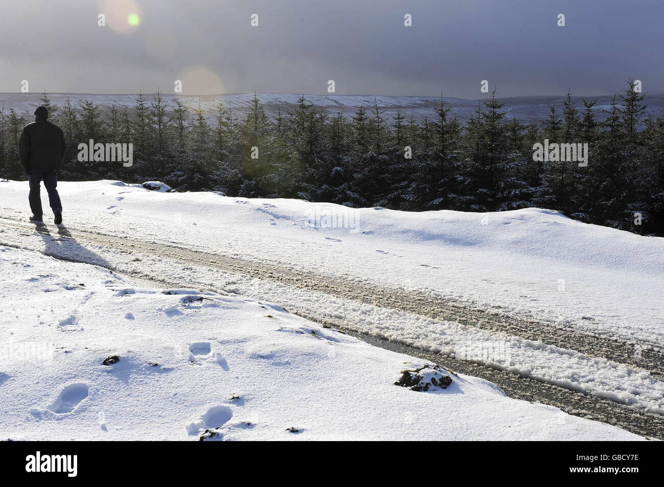 Ice and snow cover roads and hills around the A66 cross Pennine route in Barras, Cumbria. Stock Photo