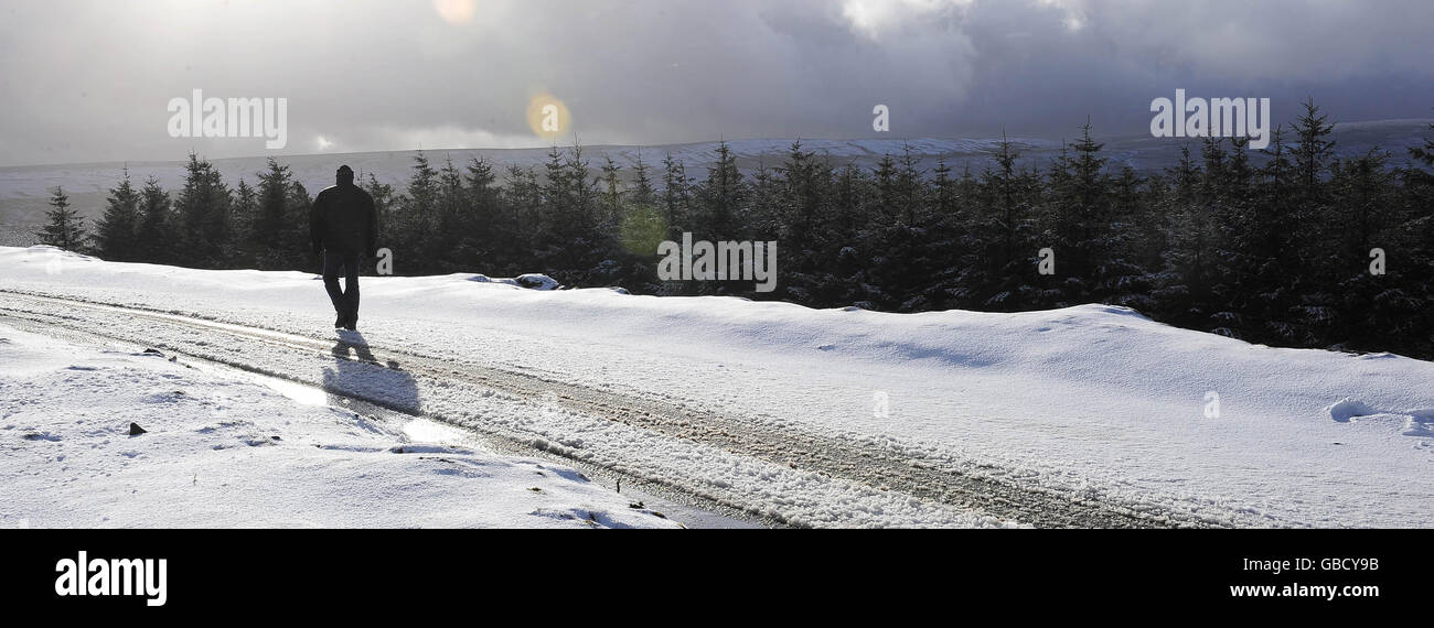 Ice and snow cover roads and hills around the A66 cross Pennine route in Barras, Cumbria. Stock Photo