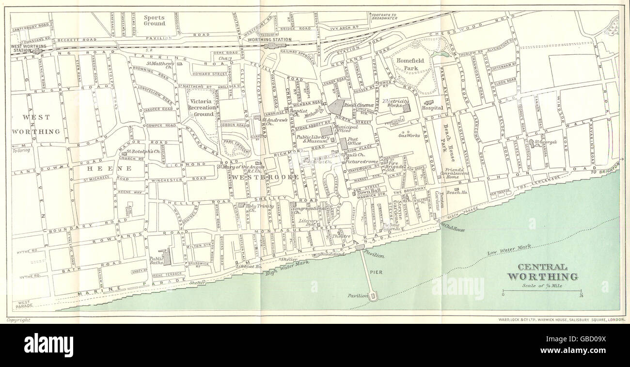 WORTHING: Central Worthing Town Plan. Sussex. WARD LOCK, 1936 vintage map Stock Photo