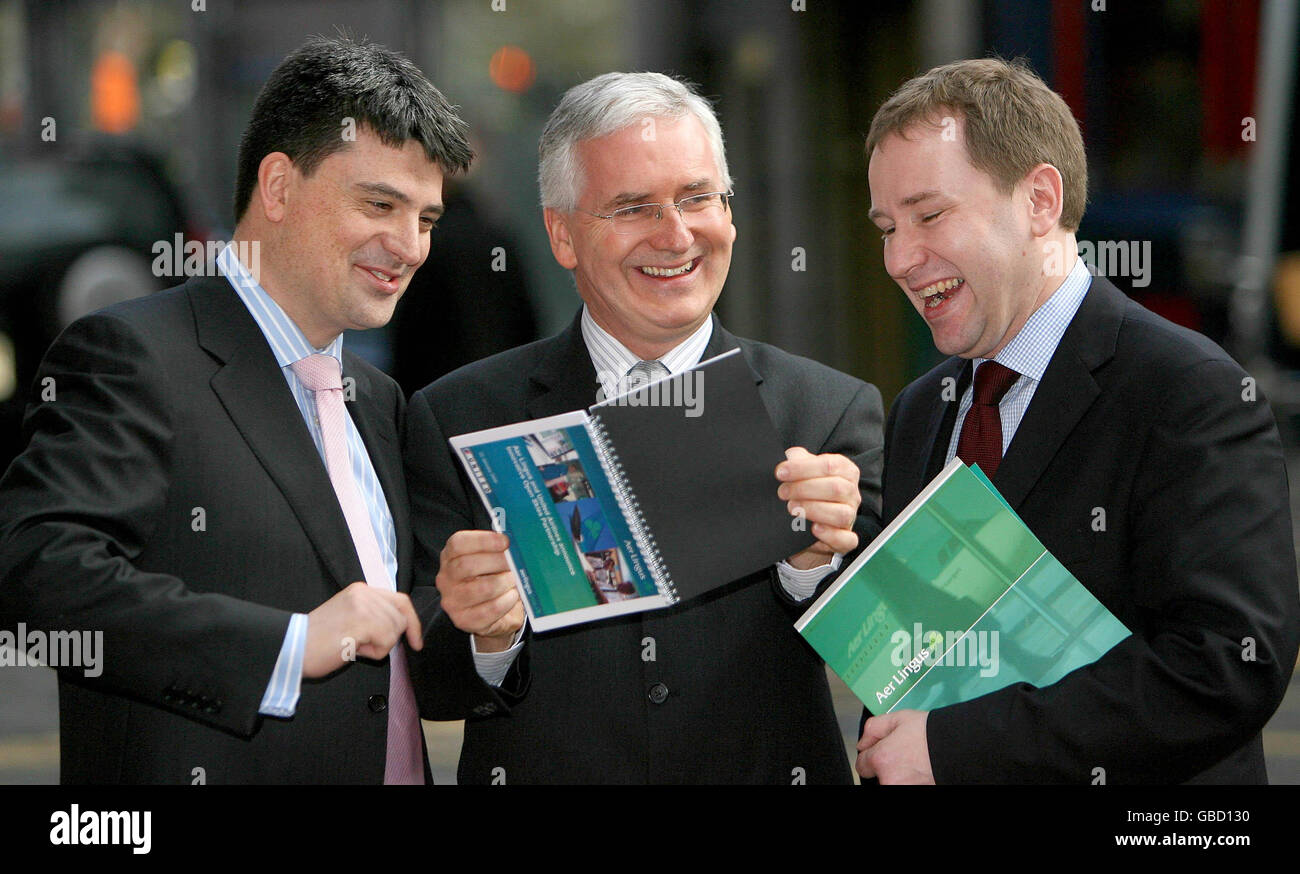 (Left to right) Sean Coyle, Dermot Mannion and Stephen Kavanagh of Aer Lingus announce a new transatlantic partnership with United Airlines, which will see a new route between Washington and Madrid. Stock Photo