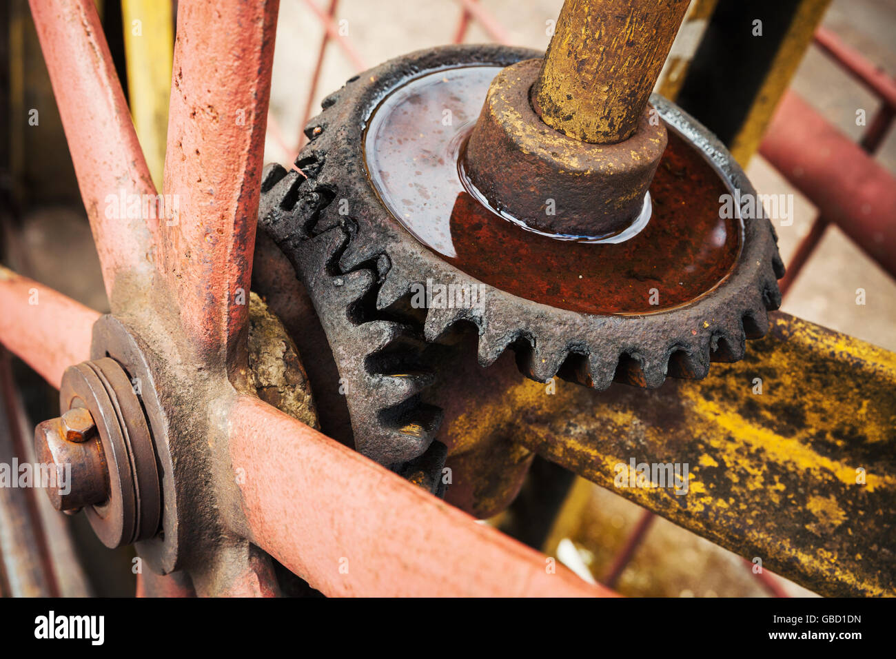 Old rusted gears close up photo with selective focus Stock Photo