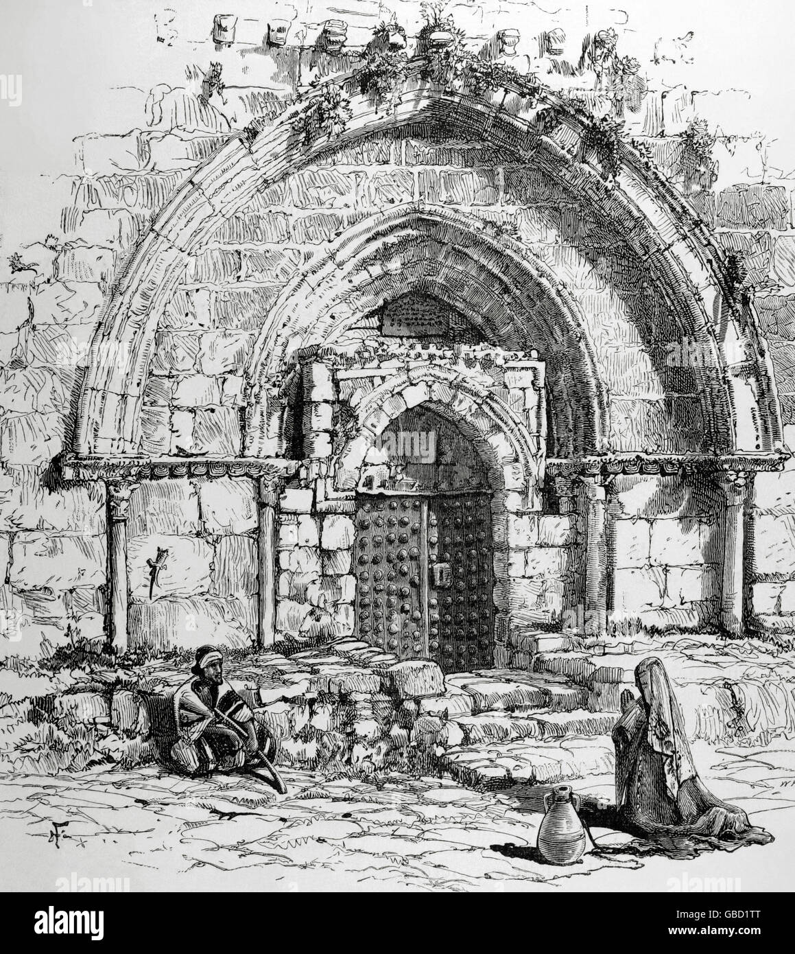 Portico of the Basilica where there are the tomb of the Blessed Virgin in Jerusalem, Israel. Engraving by Whymper. The Universe Illustrated, 1881. Stock Photo
