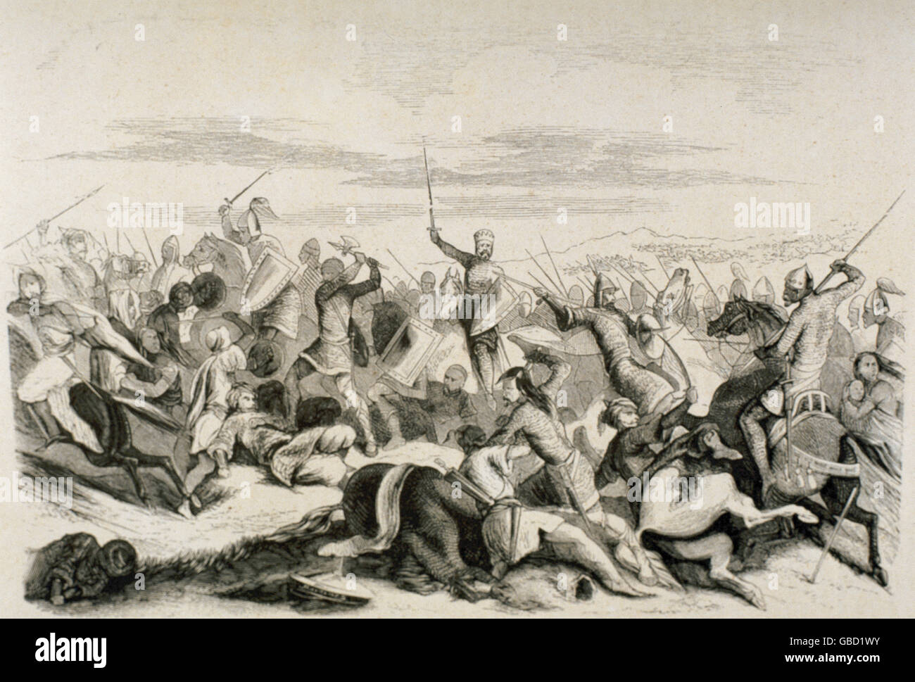 Ambush of Alhandega (August, 939). Carried out by the King of Leon Ramiro II (ca.900-951) against the Muslim army of Emir and Caliph of Cordoba Abd-ar-Rahman III (889-961) after the Battle of Simancas. Engraving, 19th century. Stock Photo