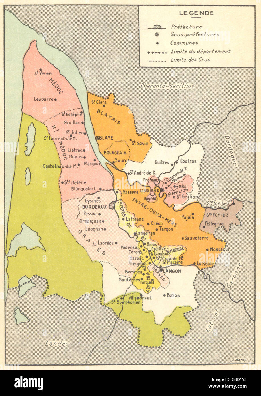 BORDEAUX WINE MAP: Carte Générale Bordeaux, 1939 Stock Photo