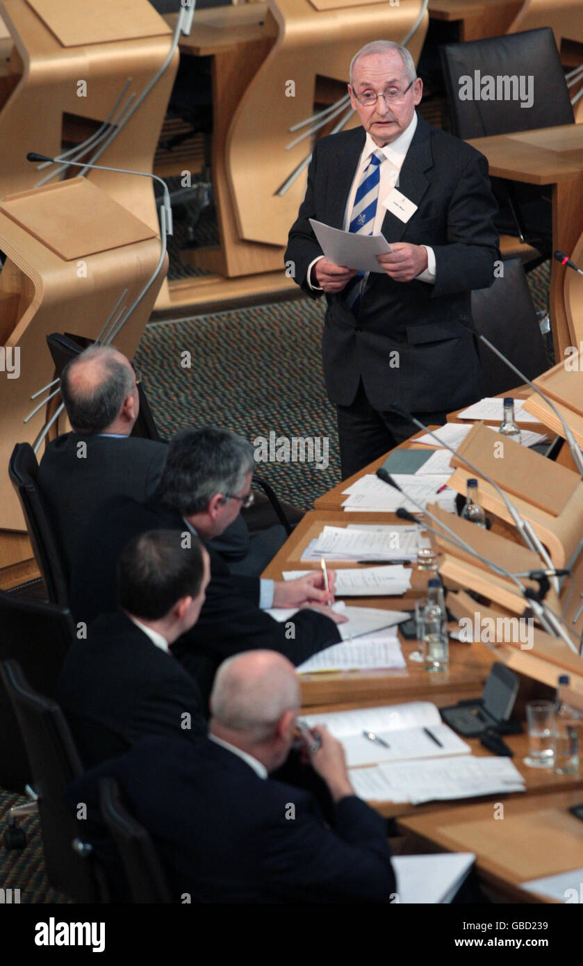 Petitioner John Muir speaks at the start of the Knife Crime debate in the Scottish Parliament today. Stock Photo