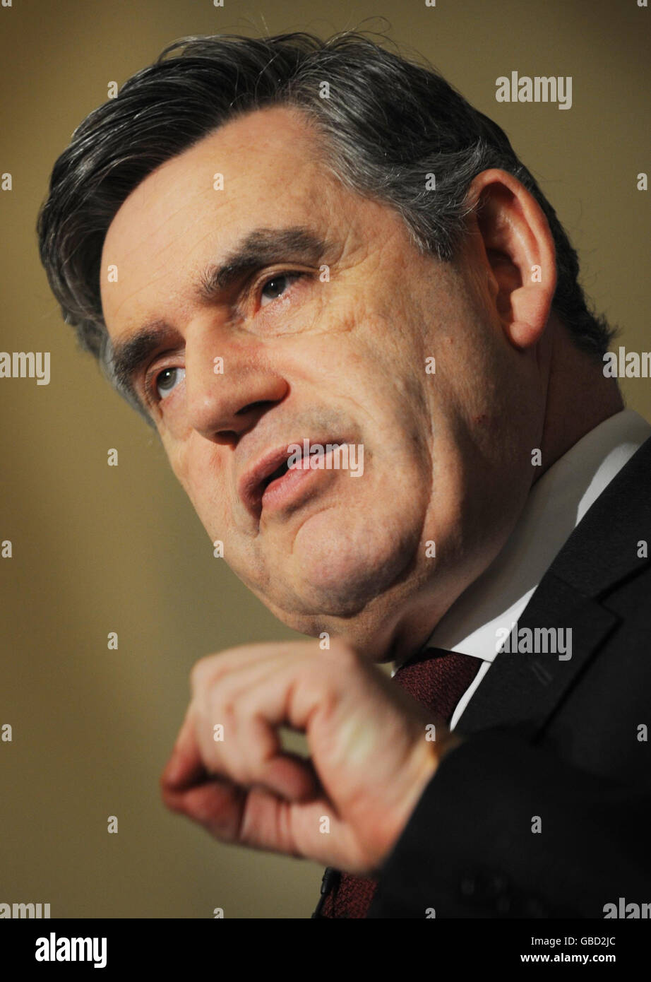 Prime Minister Gordon Brown during his speech on Britain and the Global economy at the Foreign Press Association in London. Stock Photo