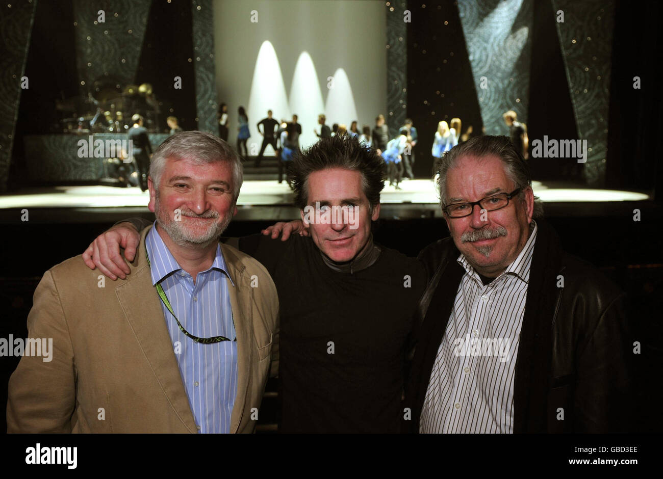 (Left to right) Riverdance Senior Executive Producer, Julian Erskine, former lead and Irish dance director Brendan de Gallai and leading artist Robert Ballagh at Bristol Hippodrome theatre, as part of the productions farewell UK tour. Stock Photo