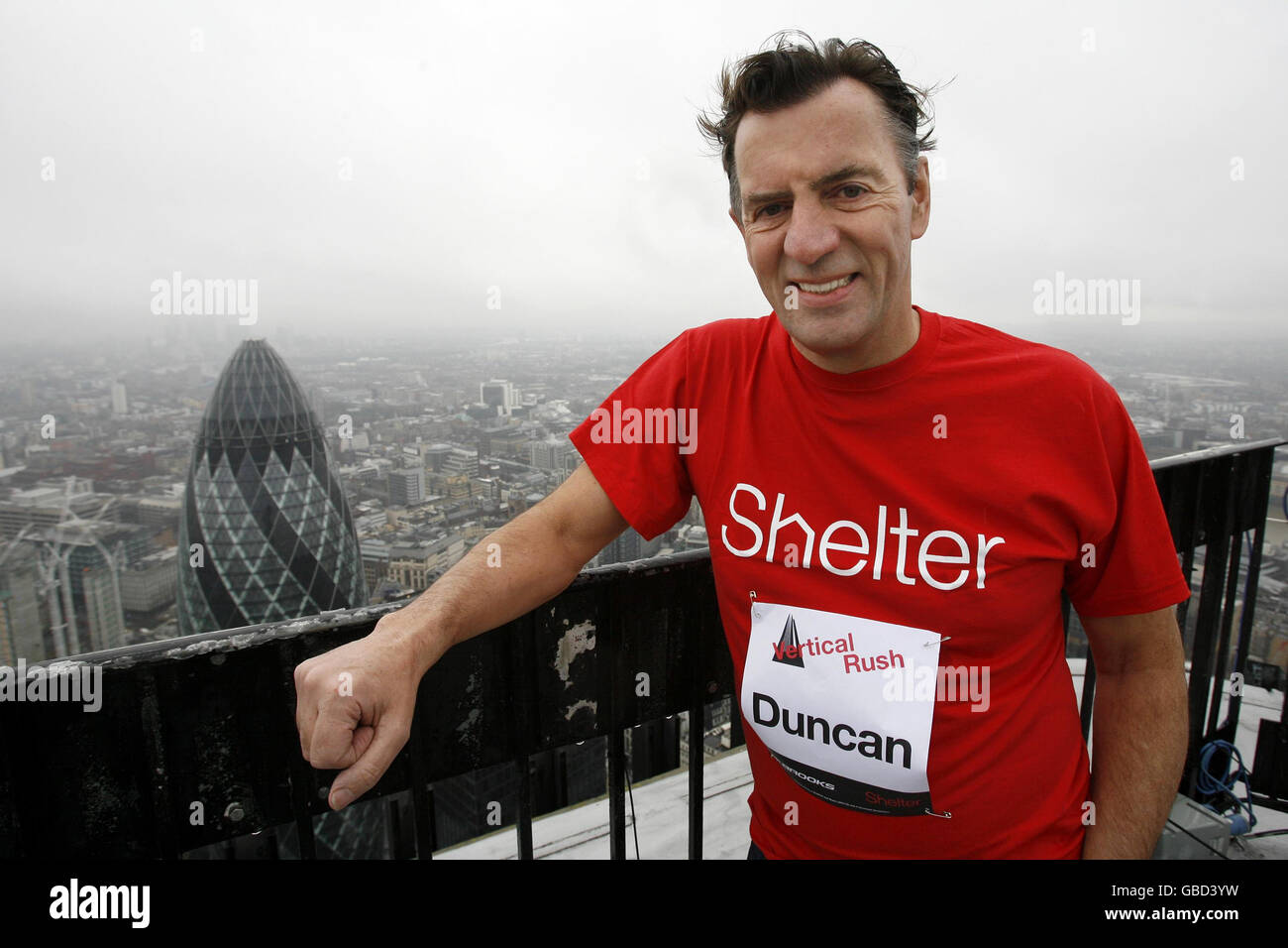 Duncan Bannatyne at the very top of Tower 42 in the City of London, as he launches Vertical Rush, an endurance event that challenges people to run up the stairs of the tower in the fastest time possible to raise money for the housing charity Shelter. Stock Photo