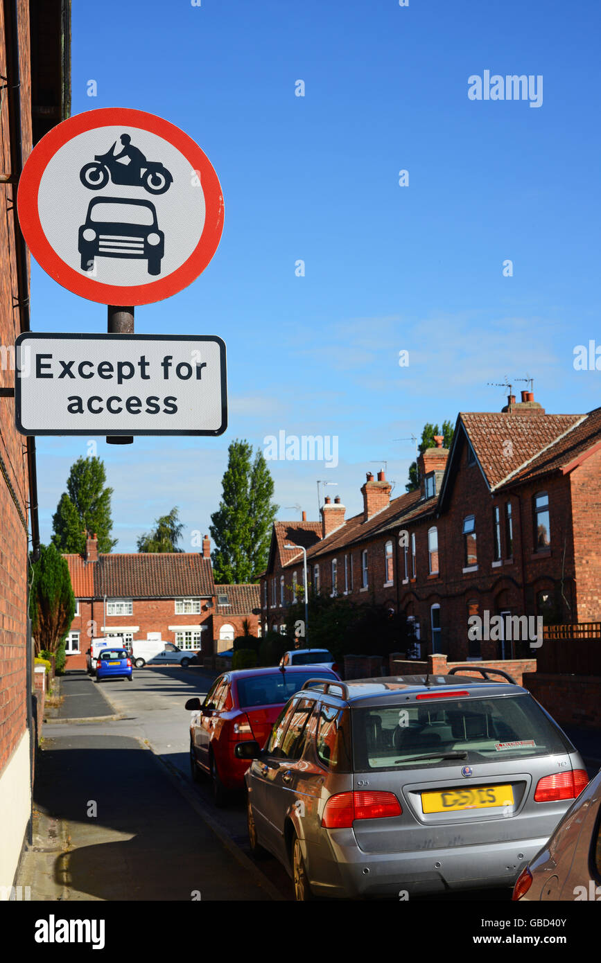 no entry warning sign for vehicles except for excess on street selby, yorkshire united kingdom Stock Photo