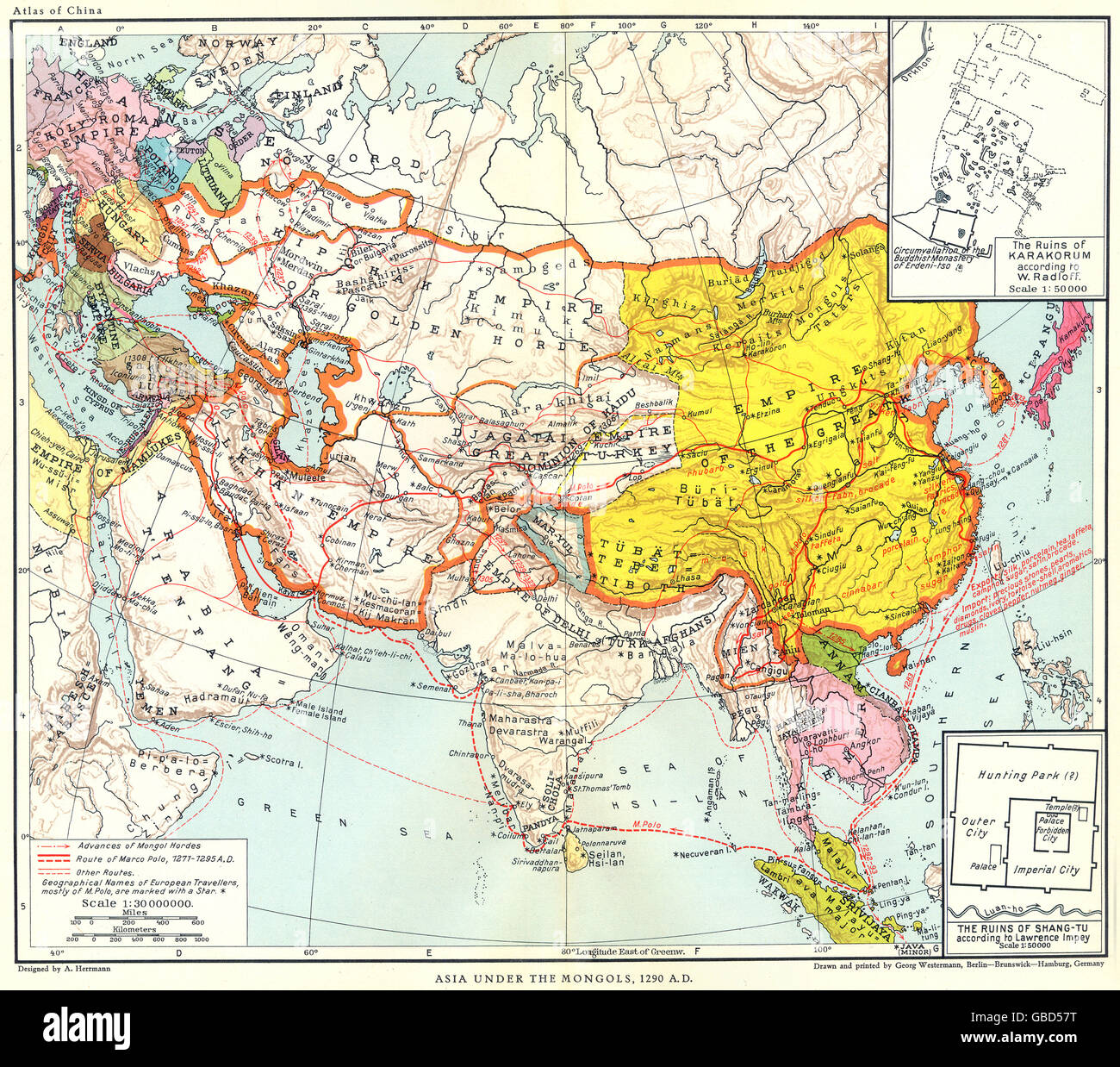 ASIA: Under the Mongols 1290 AD; Inset Shang-Tu Karakorum ruins, 1935 old map Stock Photo