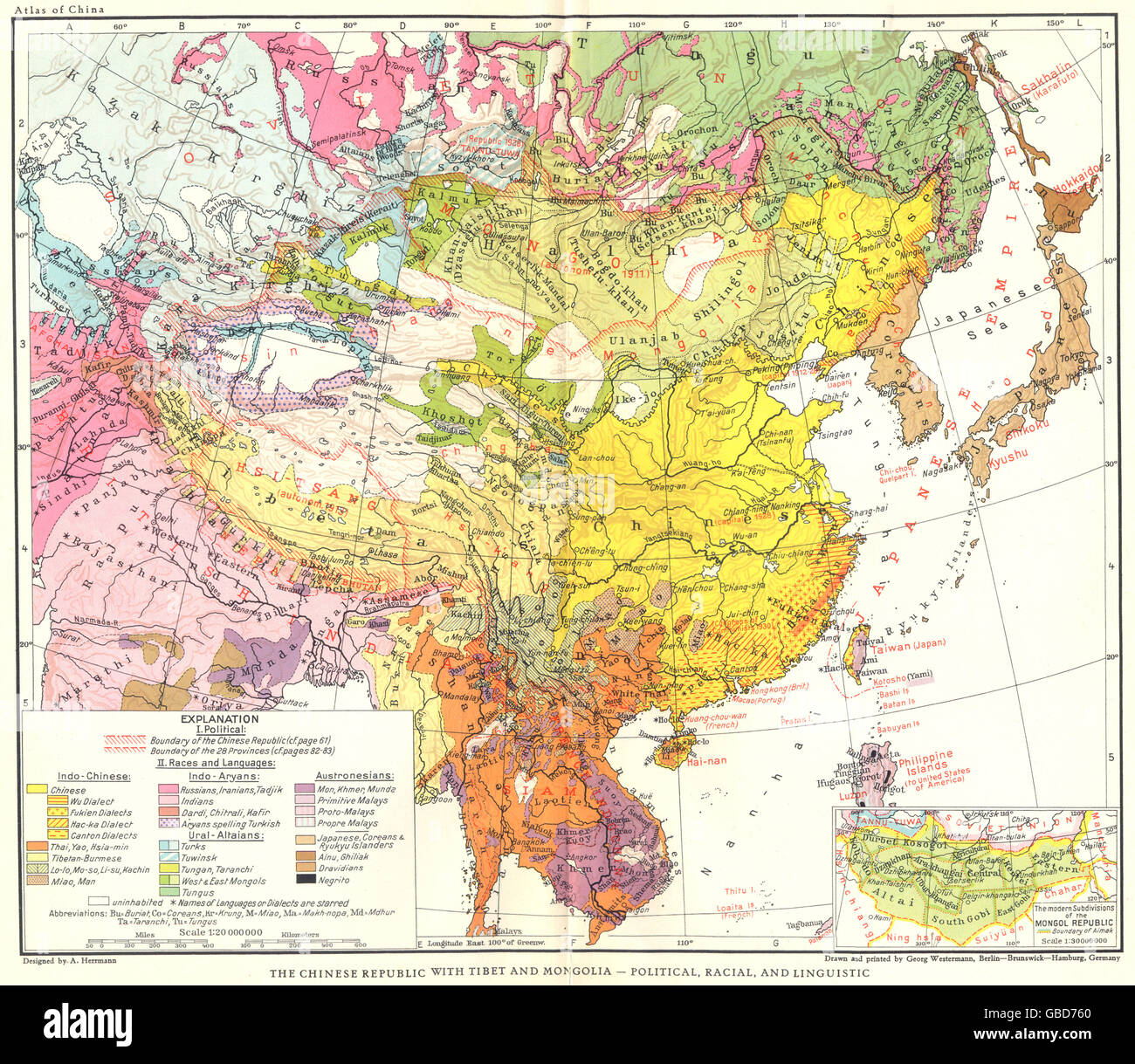 CHINA & EAST ASIA: Political Ethnic Racial Linguistic, 1935 vintage map Stock Photo