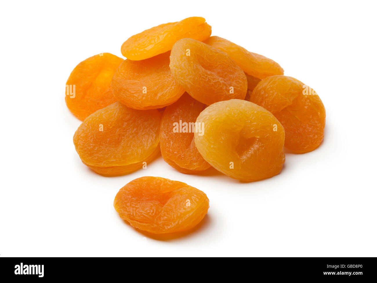 Heap of healthy dried apricot fruit on white background Stock Photo
