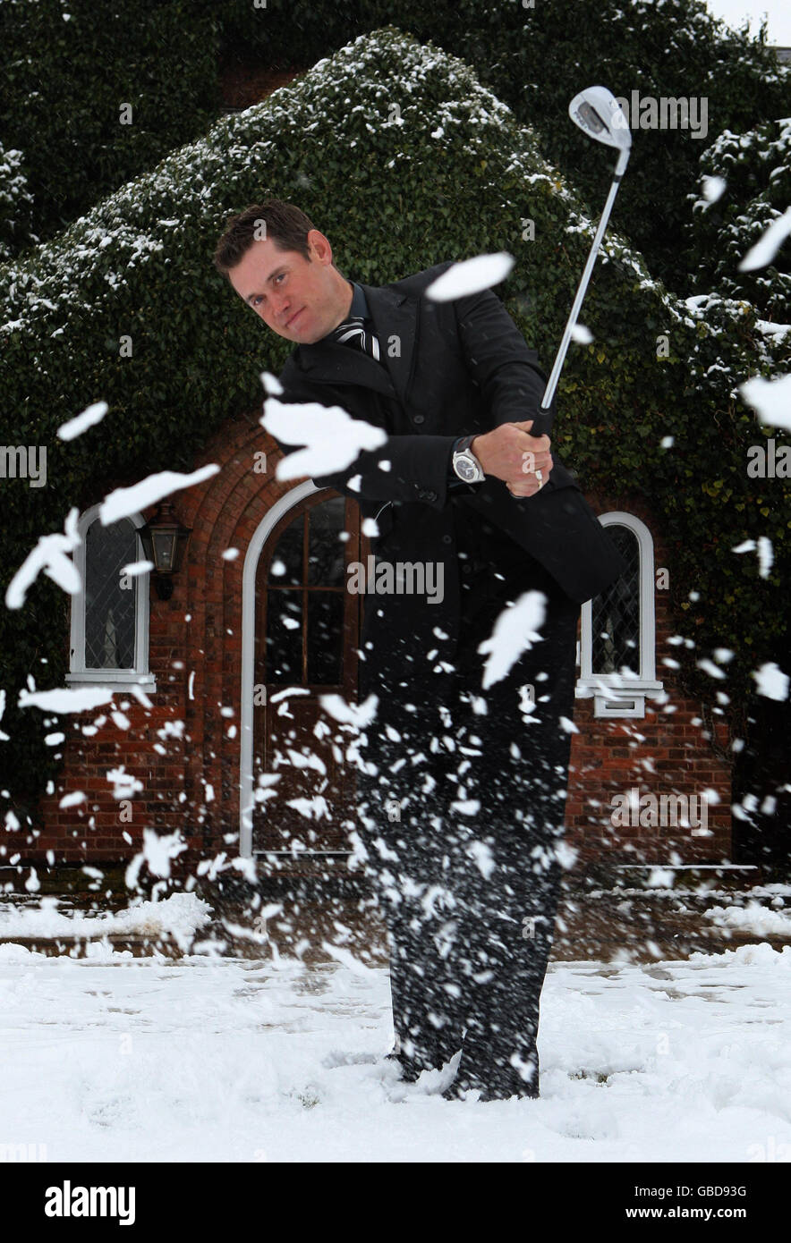 Golfer Lee Westwood in the snow during the Academy Launch at The Belfrey, Sutton Coldfield. Stock Photo