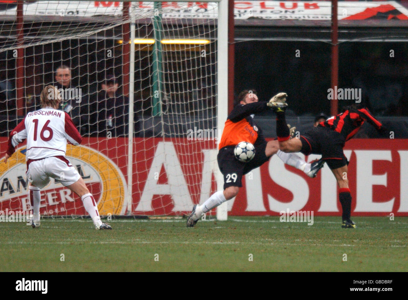 AC Milan's Filippo Inzaghi header is blocked by Sparta Prague's goalkeeper Jaromir Blazek. Stock Photo