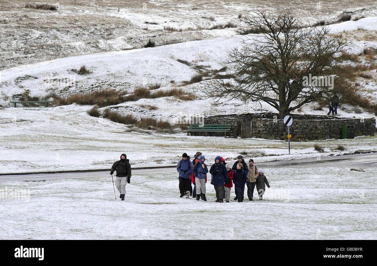 Groups of walkers come off the high ground of the North York Moors, as a cold snap hits Britain. Stock Photo