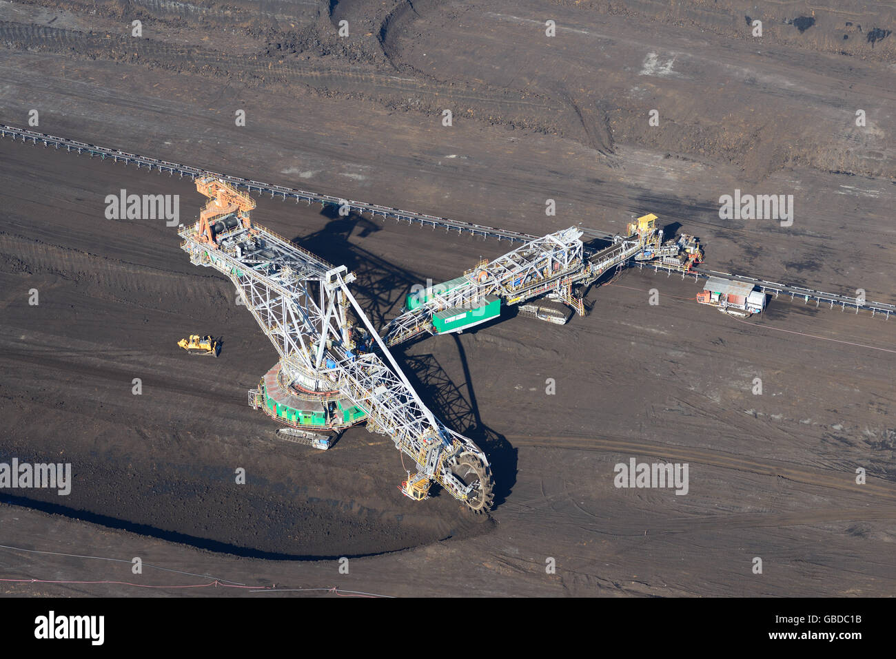 AERIAL VIEW. Bucket-wheel excavator in an open-pit coal mine. Bełchatów, Łódź Region, Poland. Stock Photo