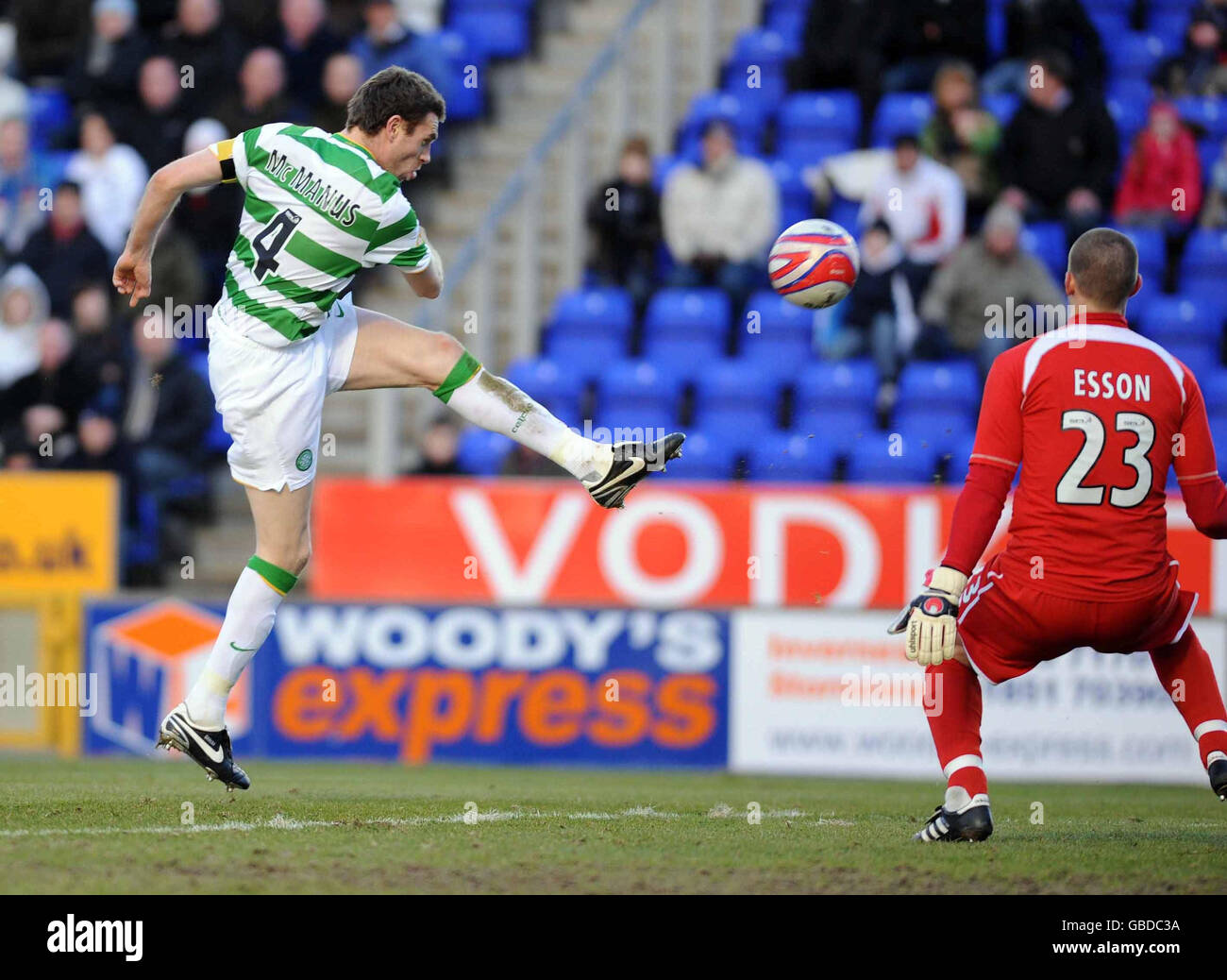 Celtic Stephen McManus hits a shot over the bar during the Clydesdale Bank Scottish Premier League match at Tulloch Caledonian Stadium, Inverness. Stock Photo