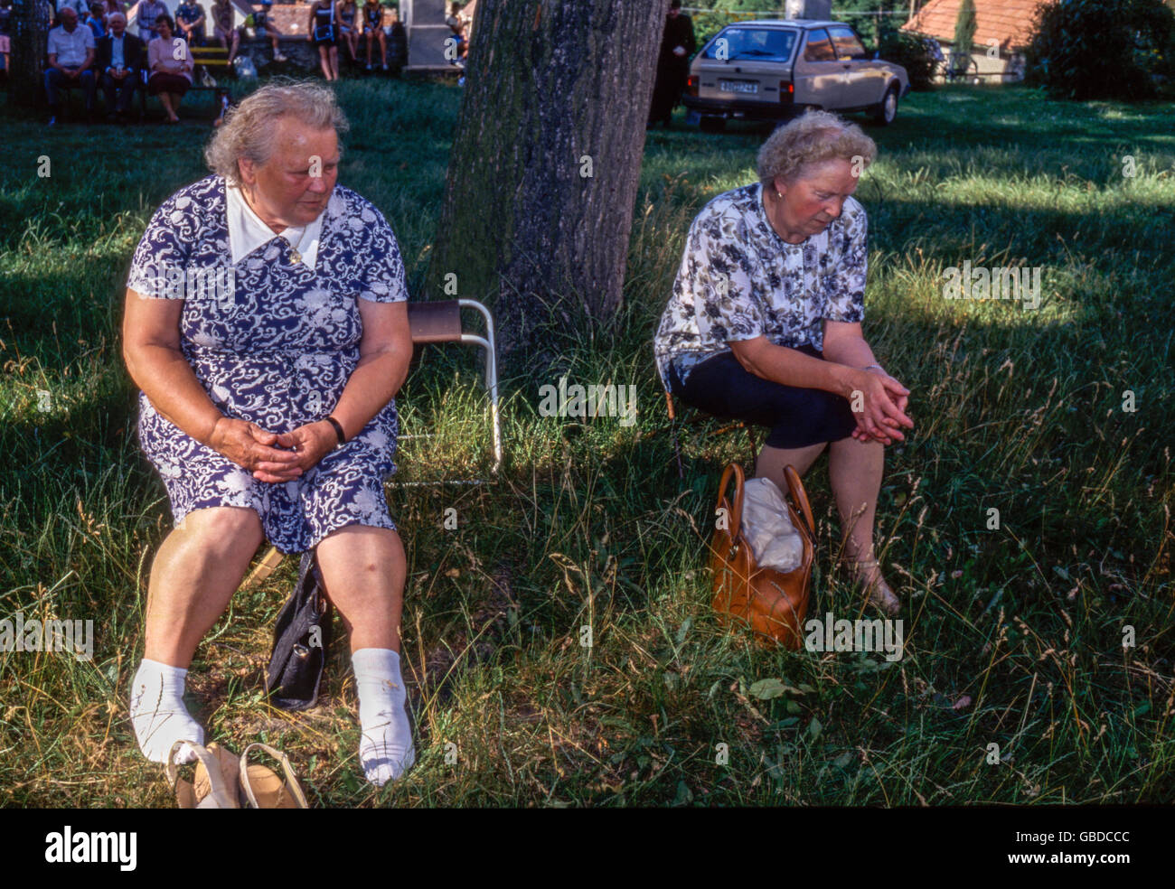 Pensioner elderly women, seniors resting under trees in the park, Czech Republic aging Stock Photo