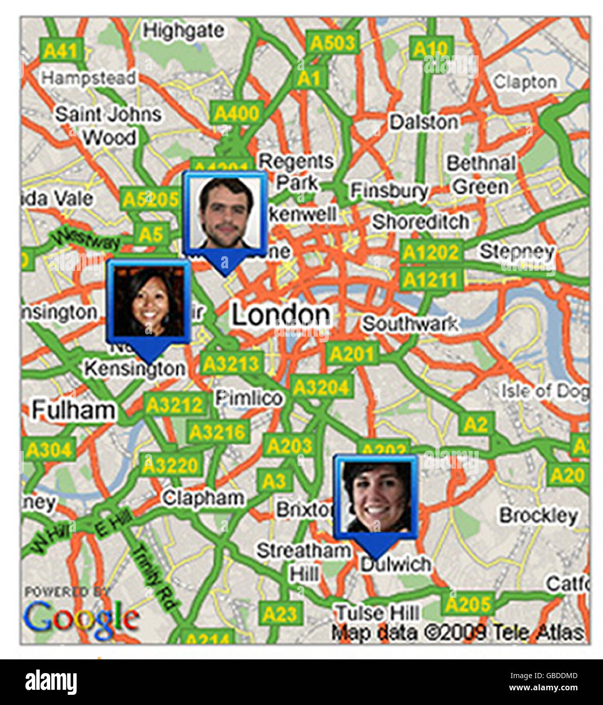 Screengrab of the Google Latitude website showing a map of London with the various locations of Latitude users. Stock Photo