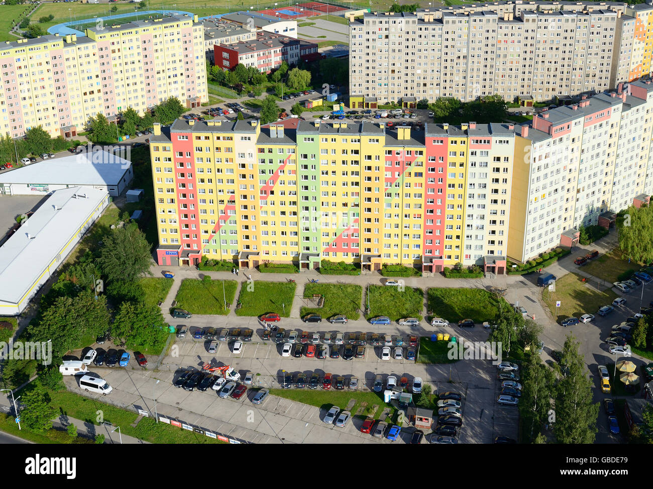 AERIAL VIEW. Colorful housing estate. Walbrzych, Lower Silesian Voivodeship, Poland. Stock Photo
