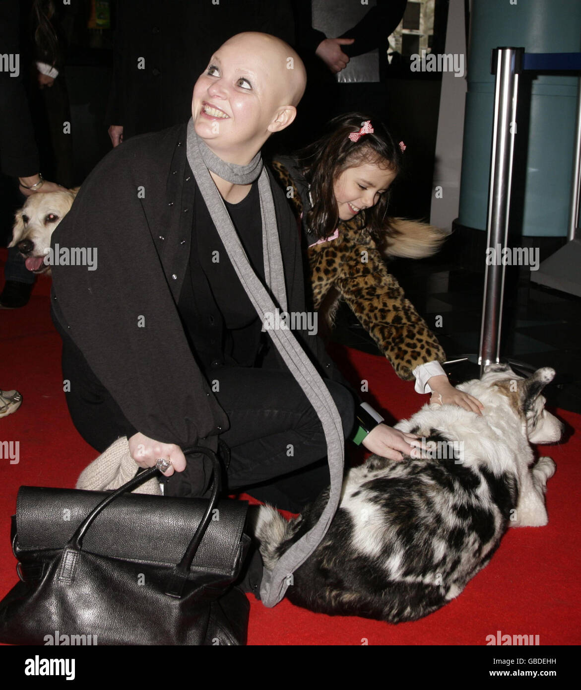 Gail Porter meets Blue Peter dog Mabel upon arriving for the DVD Premiere screening of Open Season 2 at Vue West End in Leicester Square, central London. Stock Photo