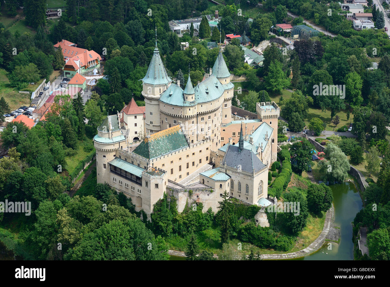 AERIAL VIEW. Bojnice Castle. Prievidza, Trenčín Region, Slovakia. Stock Photo