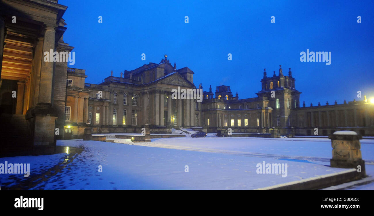 Snow covered grounds at Blenheim Palace, Woodstock, where costumes from the film, The Young Victoria are being displayed from February 14. Stock Photo