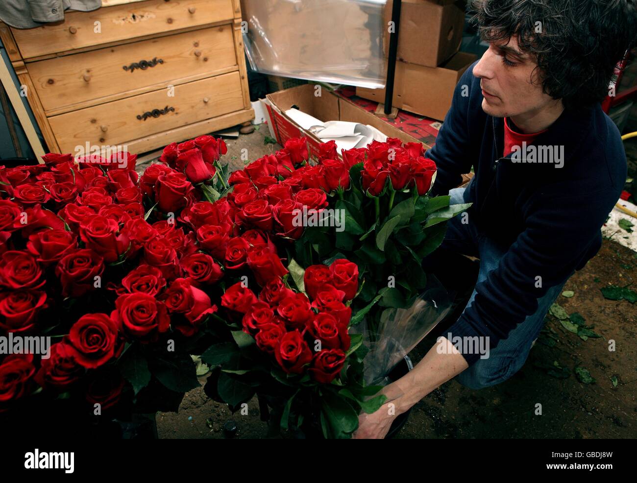 A worker at Only Roses on Old Brompton Road, London, prepares a bouquet ahead of Valentine's Day. Stock Photo