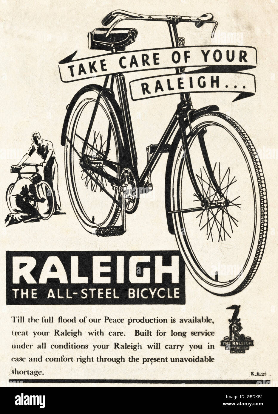 Advertisement advertising Raleigh bicycles original old vintage advert from English language magazine published in India dated 1945 Stock Photo