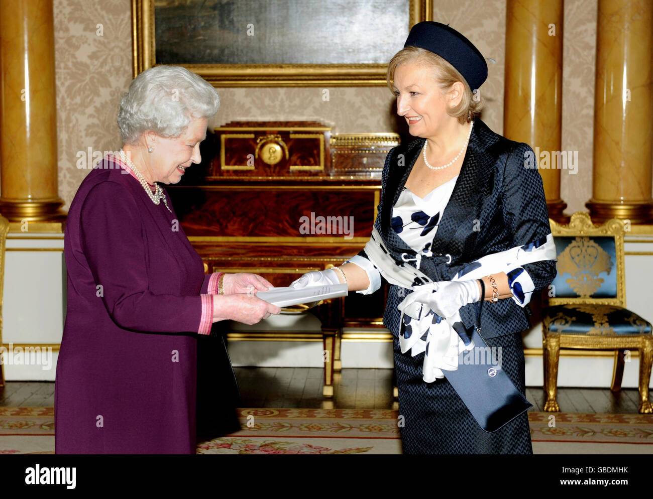 Britain's Queen Elizabeth II receives Her Excellency the Ambassador of Bosnia and Herzegovina Jadranka Negodic at Buckingham Palace in London. Stock Photo