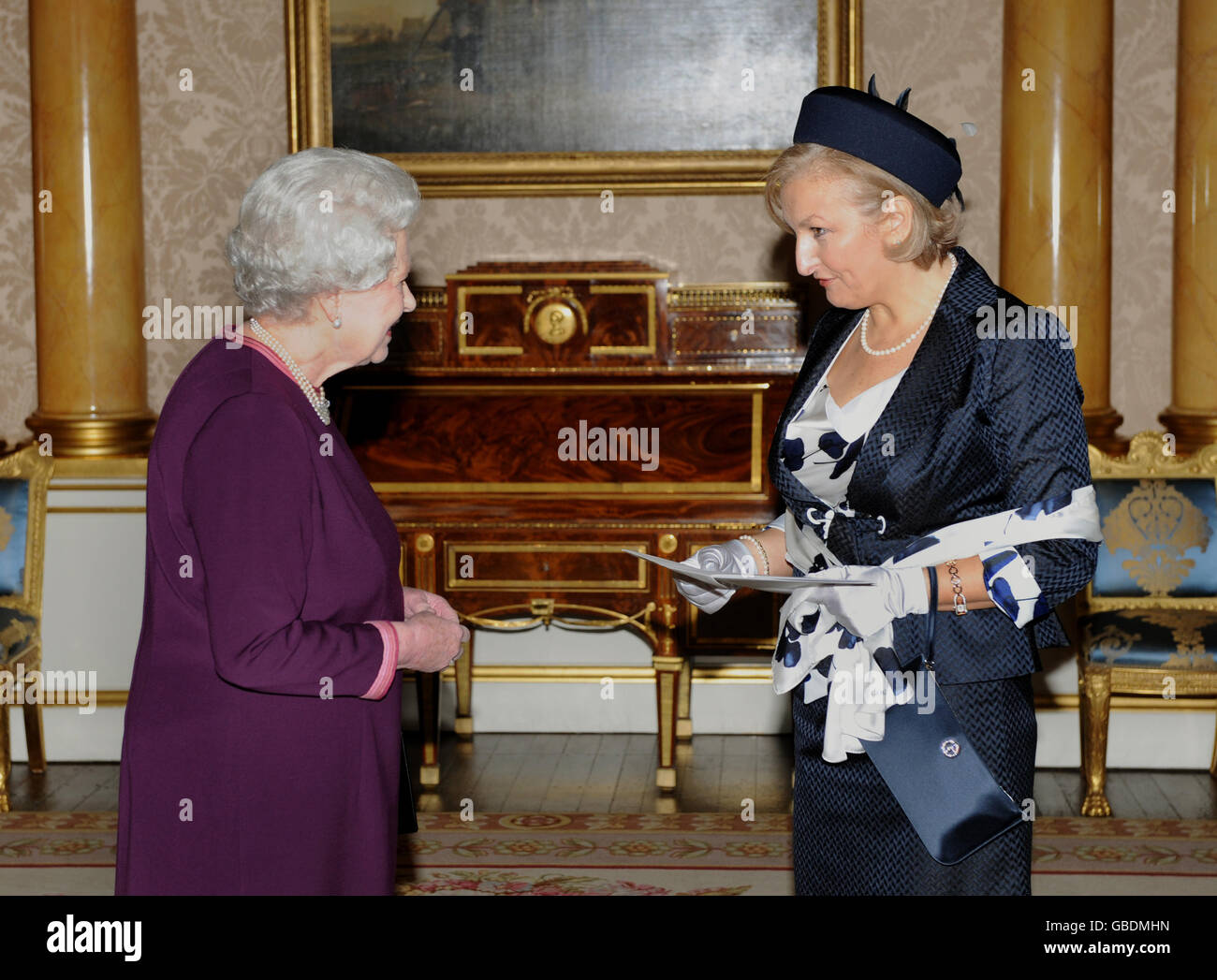 Britain's Queen Elizabeth II receives Her Excellency the Ambassador of Bosnia and Herzegovina Jadranka Negodic at Buckingham Palace in London. Stock Photo
