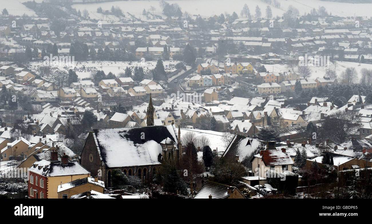 A general view of the snow in Wotton-under-Edge in Gloucestershire. Stock Photo