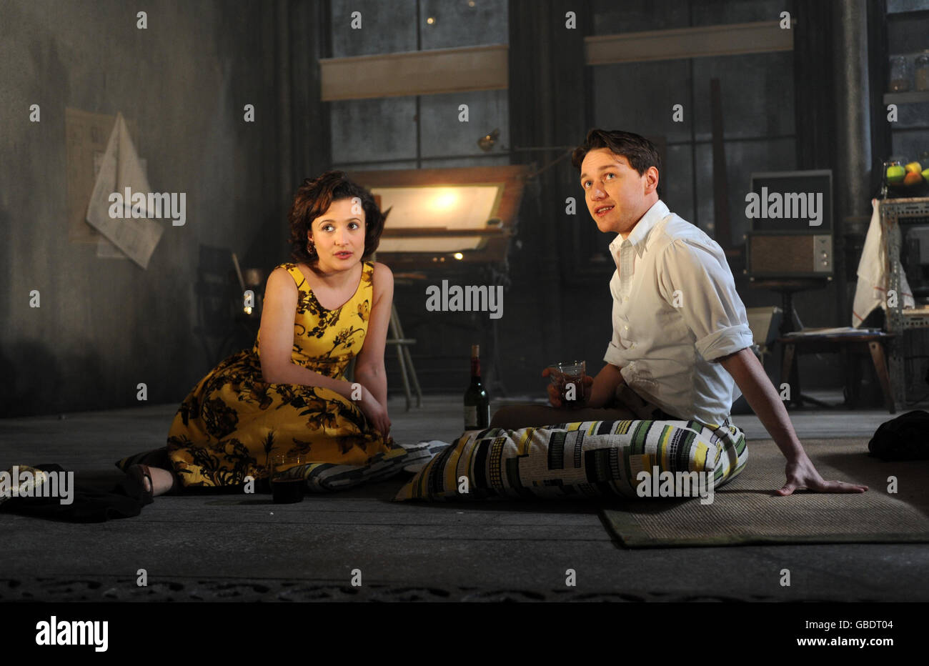 Lyndsey Marshal (left) and James McAvoy perform a scene from 'Three Days of Rain' at the Apollo Theatre on Shaftesbury Avenue, central London. Stock Photo