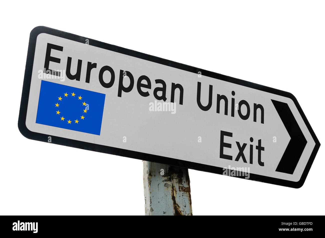 Street direction sign saying 'European Union, Exit' with EU flag Stock Photo