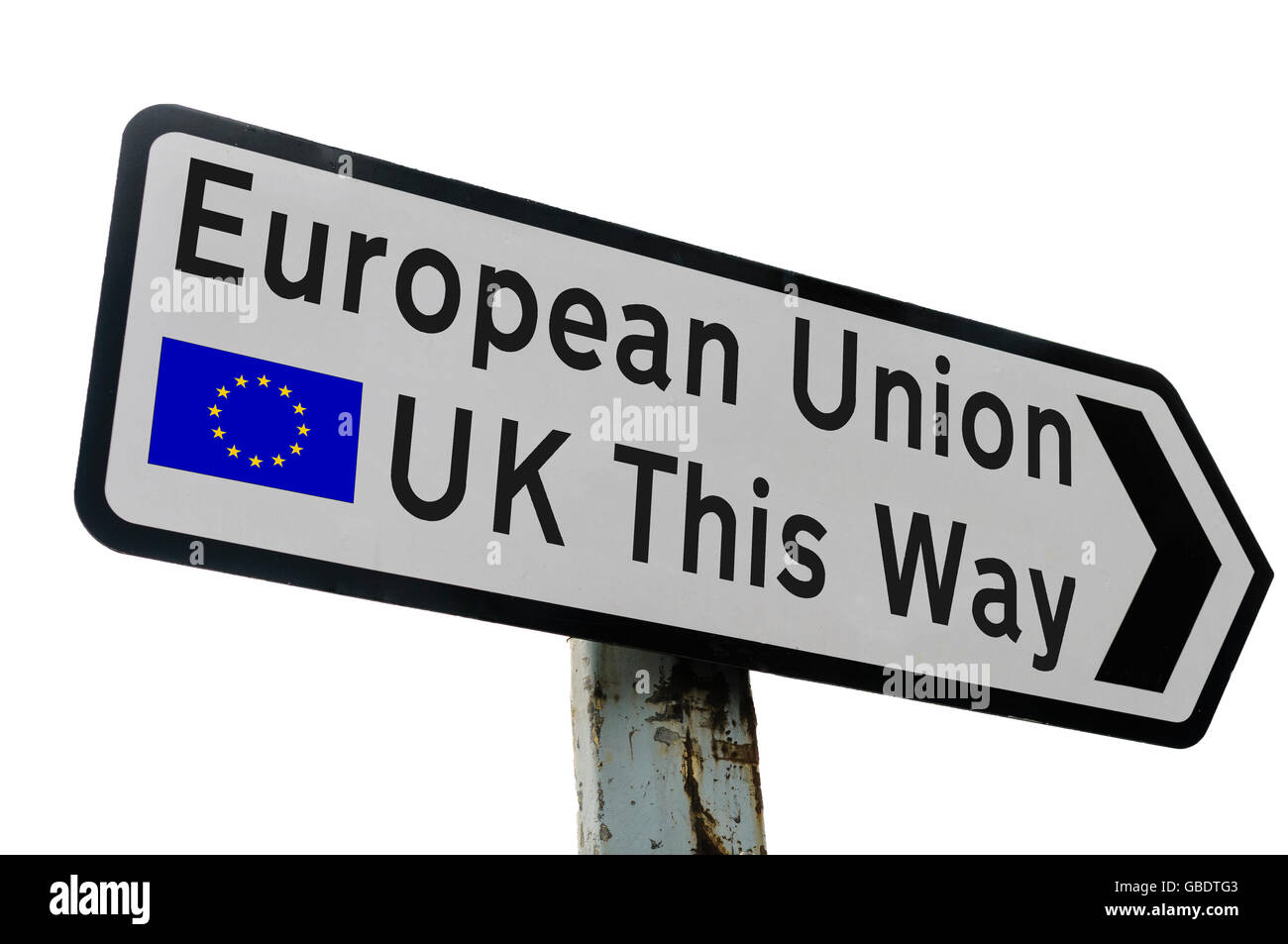 Street direction sign saying 'European Union, UK This Way' with EU flag Stock Photo