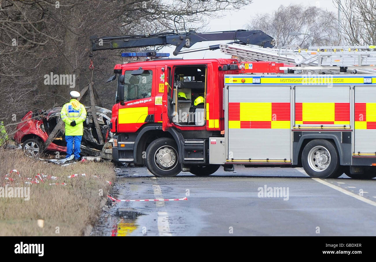Cars at the scene of an accident on the A614, Nottinghamshire, where six people were killed in a two-car crash. Stock Photo