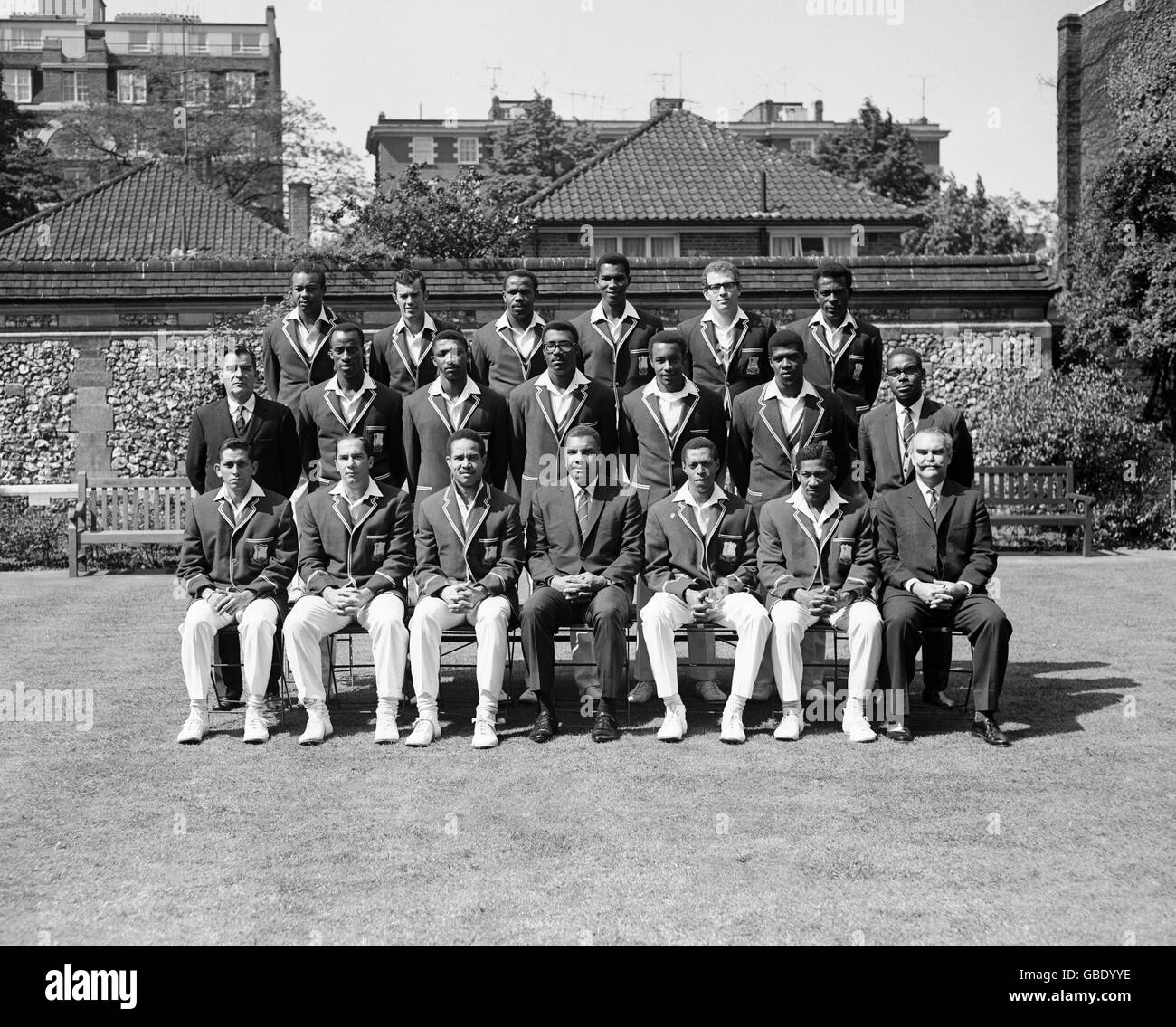 West Indies Team Group. Back row, from L to R: Maurice Foster, Charlie Davis, John Shepherd, Mike Findlay, Steve Camacho, Roy Fredericks. Centre Row, L to R: M Hoyes (Physiotherapist - unknown first name), Vanburn Holder, Pascal Roberts, Clive Lloyd, Grayson Shillingford, Philibert Blair, N Walker (Asst manager - unknown first name). Front Row, L to R: Joey Carew, Jackie Hendriks, Gary Sobers (Captain), Clyde Walcott, Lance Gibbs (Vice Capt), Basil Butcher, P Short (Treasurer - first name unknown) Stock Photo