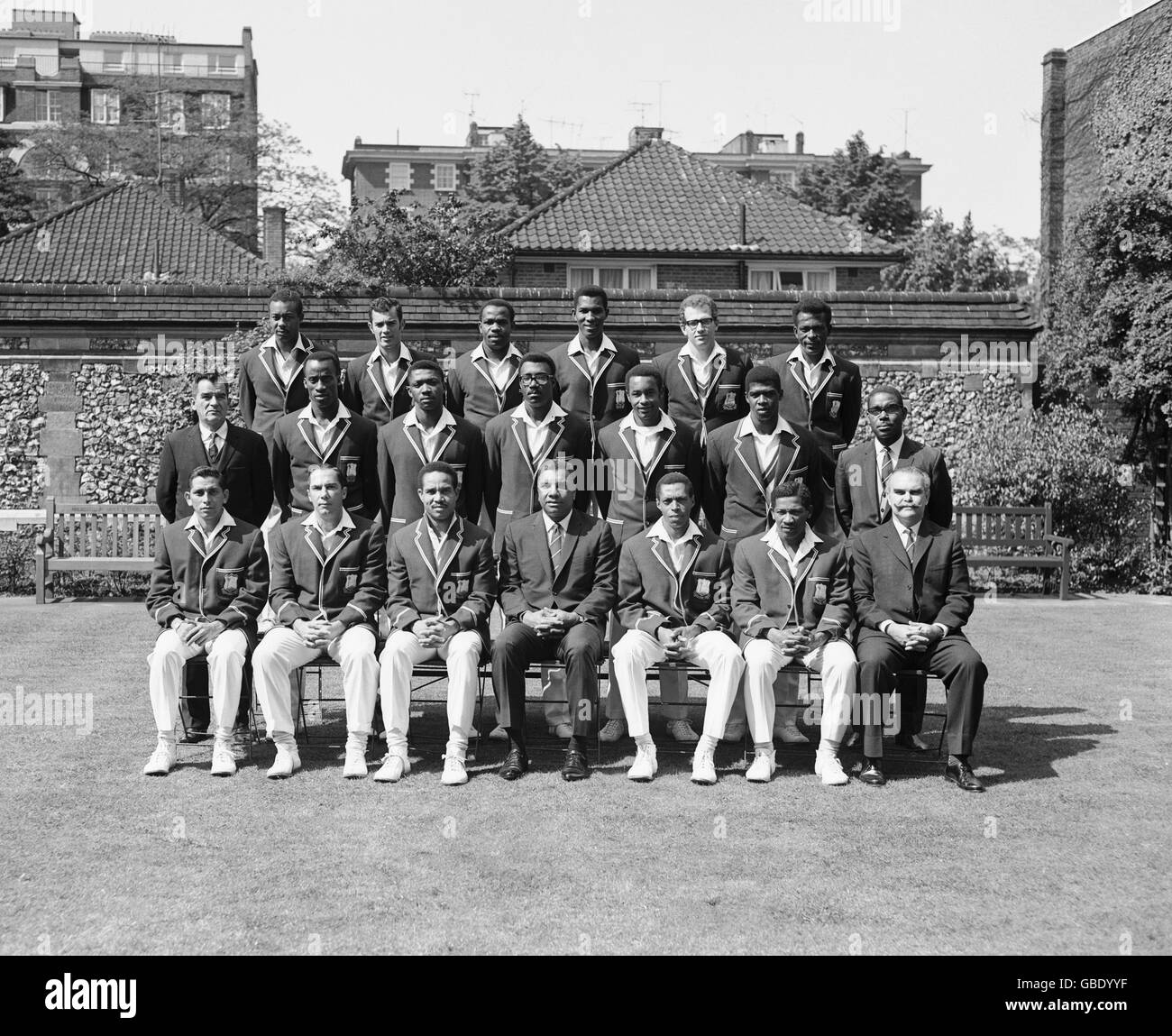 West Indies Team Group. Back row, from L to R: Maurice Foster, Charlie Davis, John Shepherd, Mike Findlay, Steve Camacho, Roy Fredericks. Centre Row, L to R: M Hoyes (Physiotherapist - unknown first name), Vanburn Holder, Pascal Roberts, Clive Lloyd, Grayson Shillingford, Philibert Blair, N Walker (Asst manager - unknown first name). Front Row, L to R: Joey Carew, Jackie Hendriks, Gary Sobers (Captain), Clyde Walcott, Lance Gibbs (Vice Capt), Basil Butcher, P Short (Treasurer - first name unknown) Stock Photo