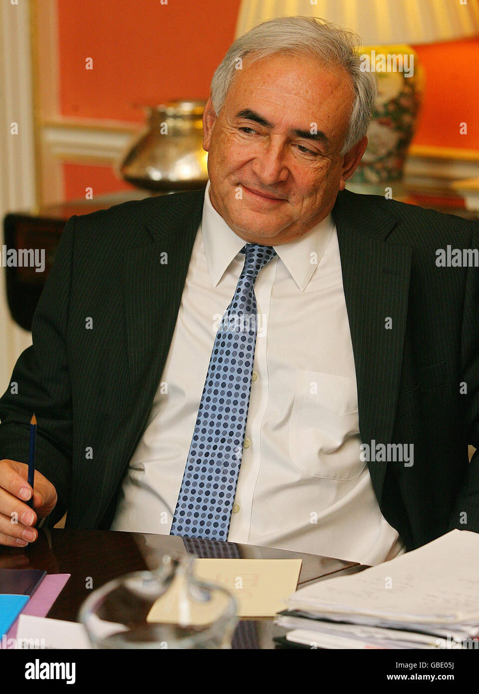 International Monetary Fund chief Dominique Strauss-Kahn attends a meeting with Prime Minister Gordon Brown and Chancellor Alistair Darling at 10 Downing Street, London. Stock Photo