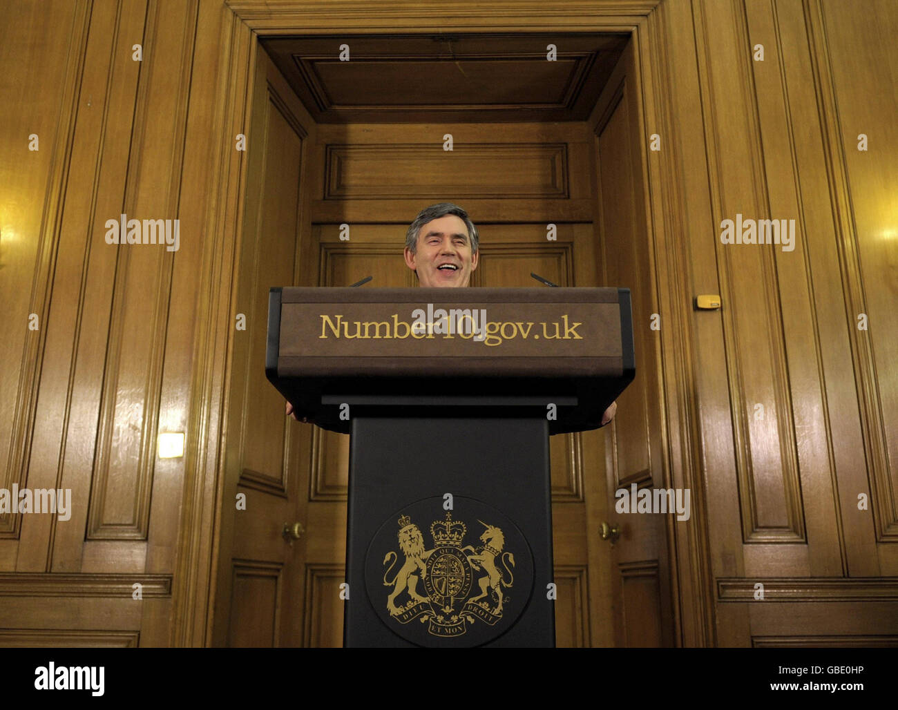 Prime Minister Gordon Brown laughs during his monthly news conference at 10 Downing Street, London. Stock Photo