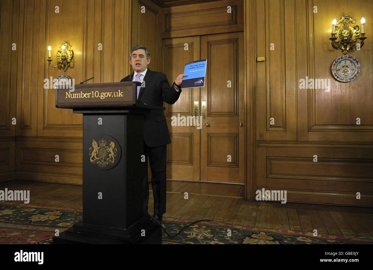 Prime Minister Gordon Brown gestures during his monthly news conference at 10 Downing Street, London. Stock Photo