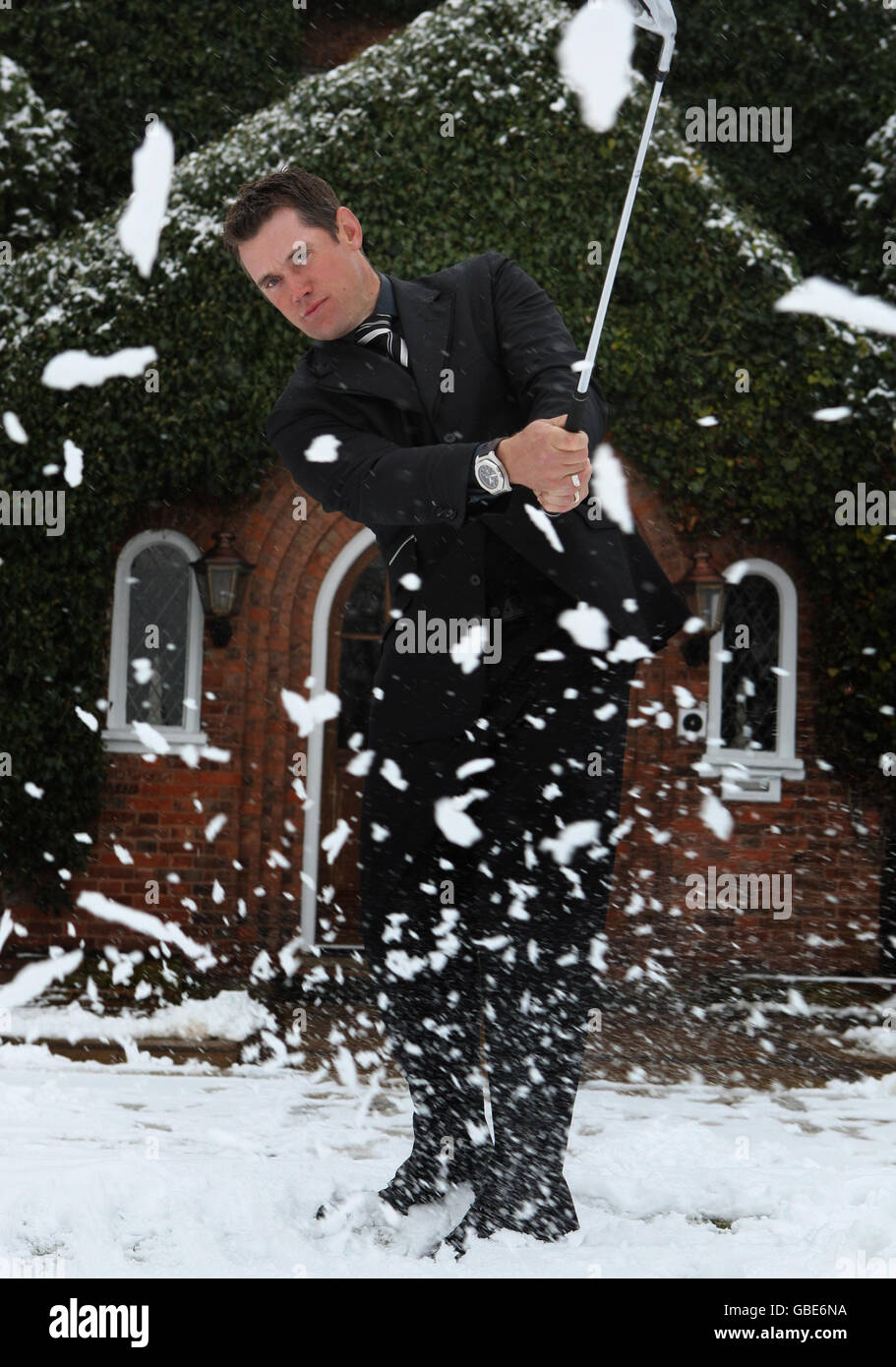 Golfer Lee Westwood in the snow during the Academy Launch at The Belfrey, Sutton Coldfield. Stock Photo