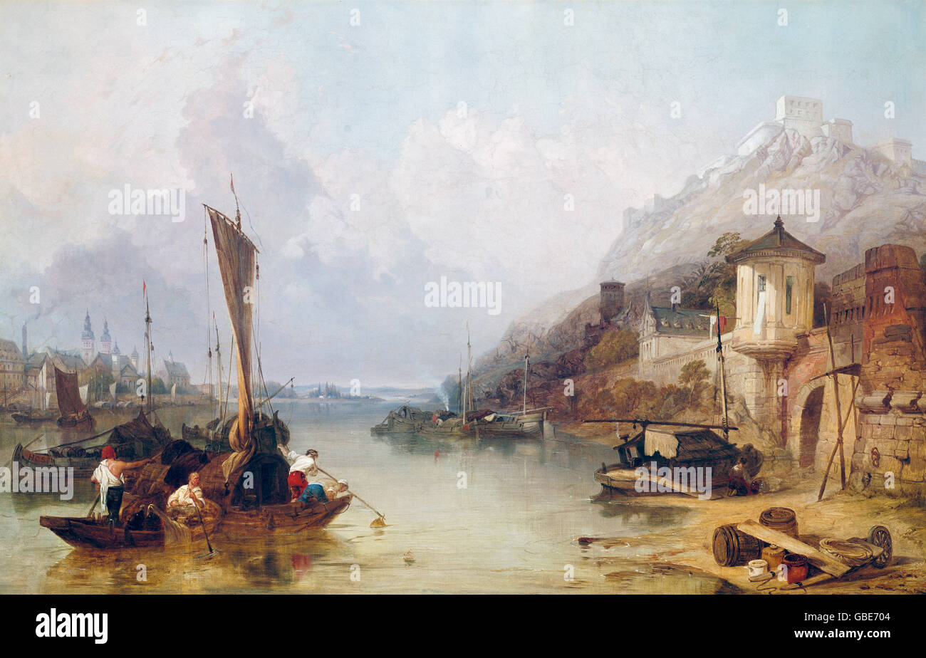 fine arts, Stanfield, (William) Clarkson Frederick (1793-1867), The Rhine near Koblenz with Ehrenbreitstein, oil on canvas, 64 x 99 cm, Stock Photo