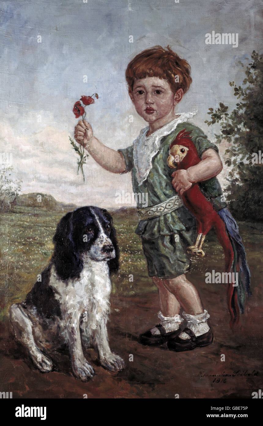 fine arts, Seibold, Maximilian (1879 - ?), painting, boy with dog, oil on canvas, 1916, private collection, Stock Photo