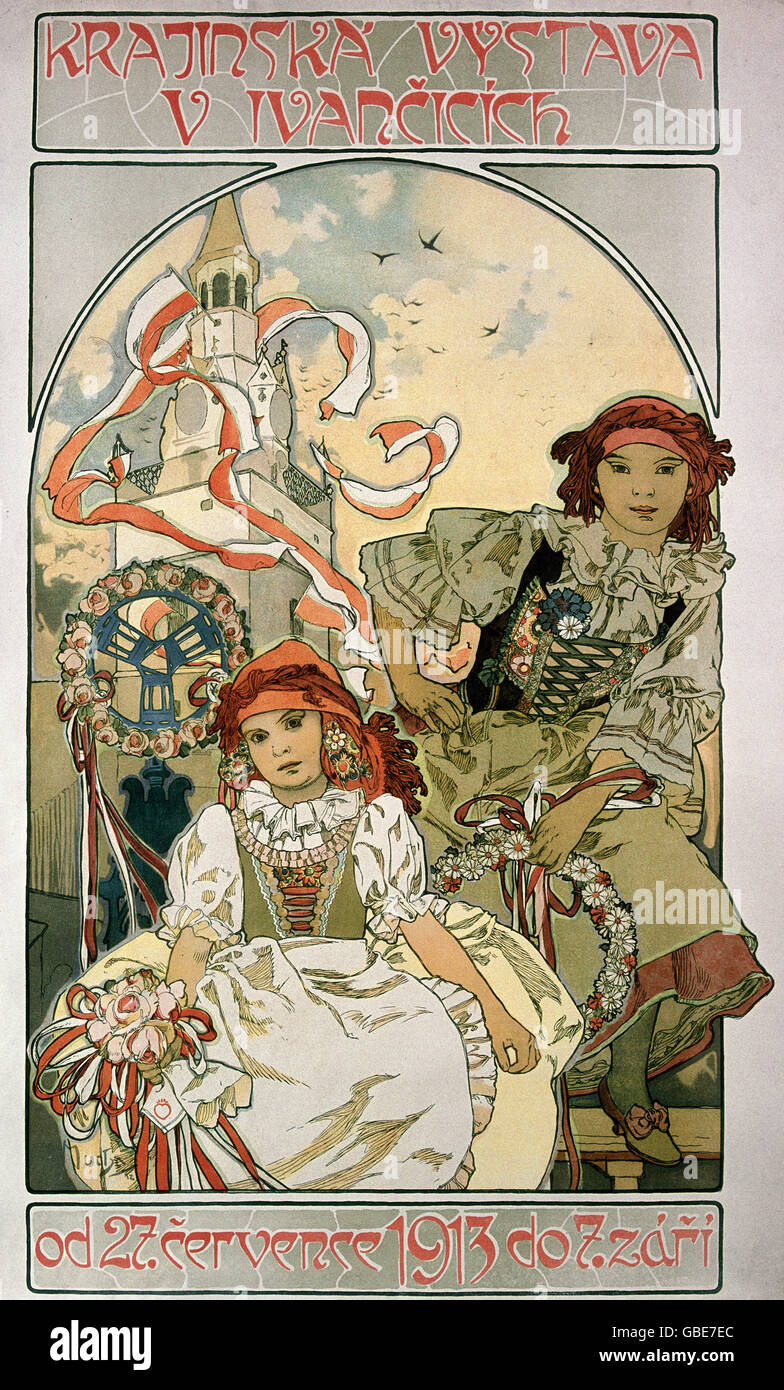 fine arts, Mucha, Alfons, (1860 - 1939), poster, 'Krajiinska Vystava V Ivancicich', 1913, Stock Photo