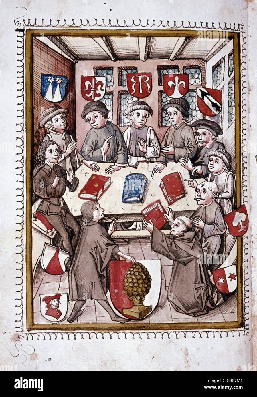 geography / travel,Germany,Augsburg,monk Sigmund Meisterlin,(St. Ulrich and Afra)delivering his history of the town of 1456 to the city council,miniature,15th century,Middle Ages,medieval,mediaeval,Sigmund Meisterlin(* circa 1435),book,books,chronicle,chronicles,history of a town,town council,city council,CC,town councils,city councils,coat of arms,city arms,monk,monks,delivering,deliver,miniature,miniatures,Central Europe,Europe,historic,historical,book-painting,book painting,illuminated manuscript,people,people,Additional-Rights-Clearences-Not Available Stock Photo