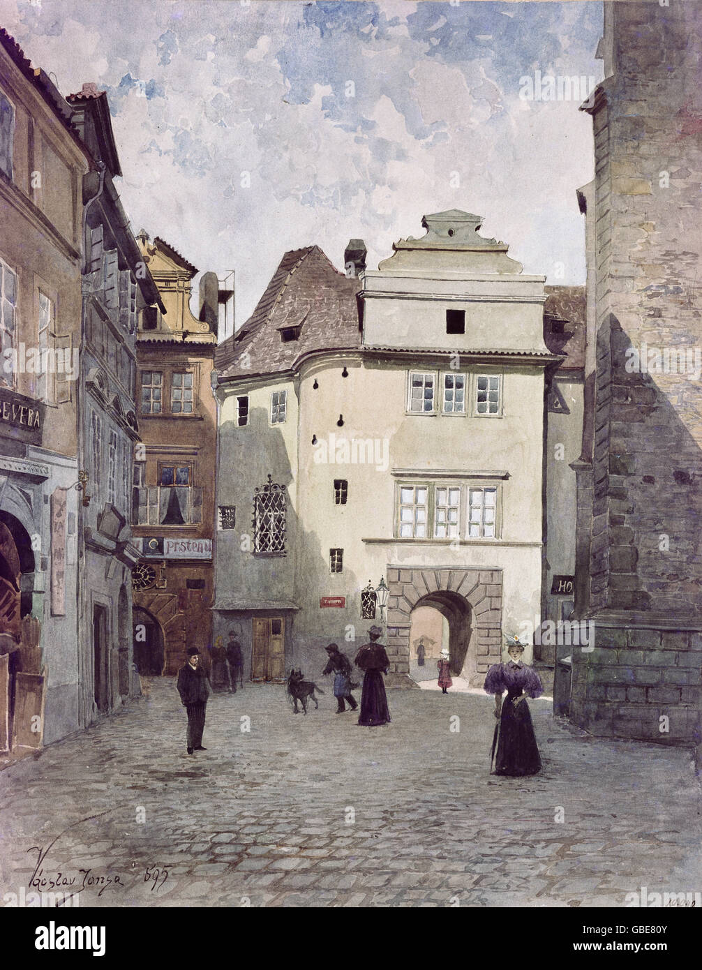 geography / travel, Czech Republic, Prague, street scenes, scene in the Old Town, watercolour, by Vaclav Jansa (1859 - 1913), 1895, Additional-Rights-Clearences-Not Available Stock Photo