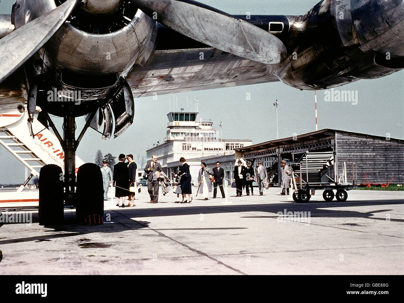 transport / transportation, aviation, airport, air passenger on the way to the airplane, Cointrin, Geneve, Switzerland, 1959, Additional-Rights-Clearences-Not Available Stock Photo