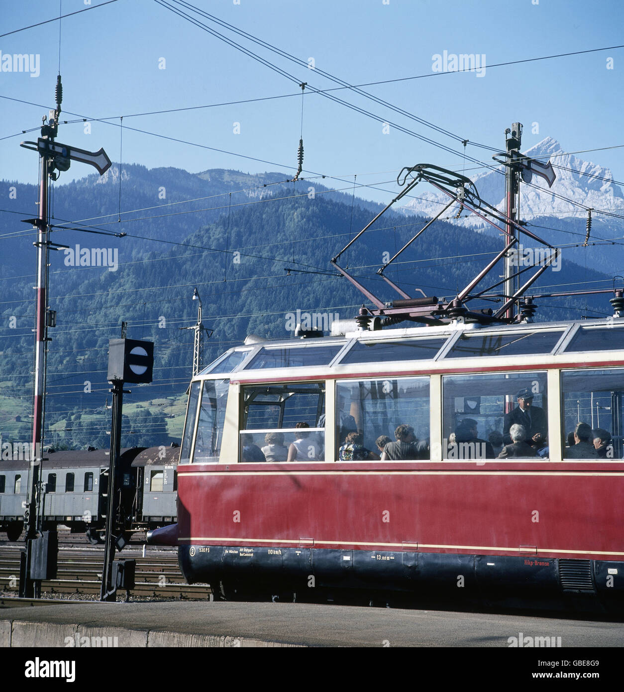 transport / transportation, railway, 'Glass Train', Garmisch, Alpspitze in background, Germabny, 1960s, Additional-Rights-Clearences-Not Available Stock Photo
