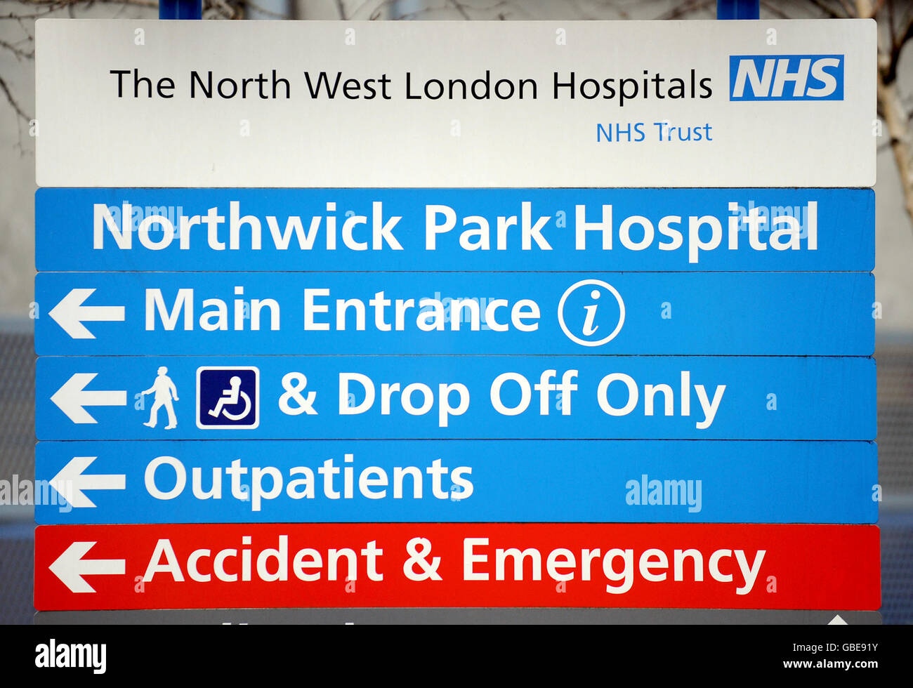 Stock photo of signage at Northwick Park Hospital in Harrow, Middlesex